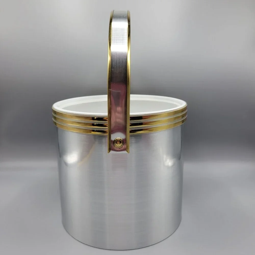 Vintage Mid Century Modern MCM Silver Gold Ice Bucket Clear Lid & Metal Handle